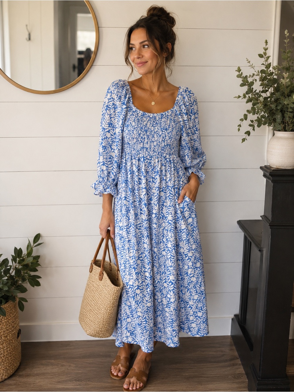 Sail to Sable Blue & White Floral Smocked Maxi Dress